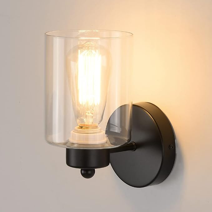 Metal Sconces Wall Lighting with Clear Glass Shade,Bathroom Black Vanity Light Matte Black Wall Sconce, Matte Black Vanity Lights for Bathroom, Modern Wall Light Fixtures