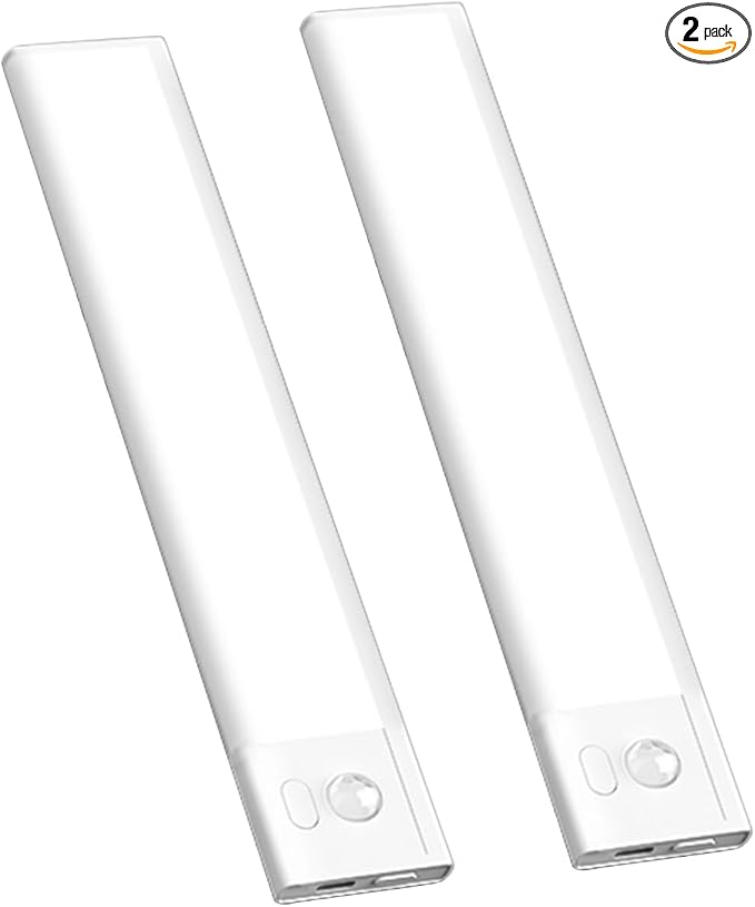 2 Pack Under Cabinet Lighting, 3 Colors & Dimmable Motion Sensor Light Indoor, 900mAh Rechargeable Under Cabinet Lighting Magnetic for Kitchen, Stairs, Closets, White(ABS+PC)