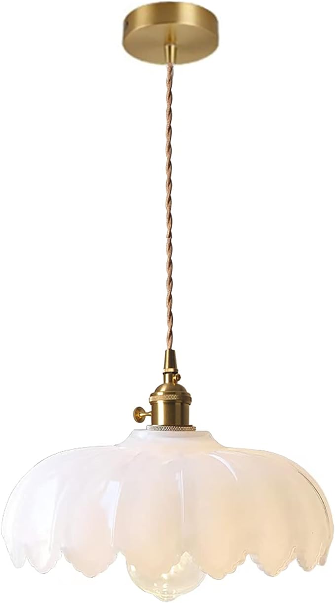 Milk White Glass Pendant Light Fixtures Medium 9.8 Inches Lampshade Gold Brass Finish and Switch Vintage Pendant Ceiling Lamp Copper Pendant Lighting (Milk White)