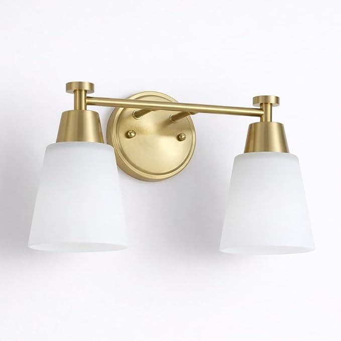 2-Light Bathroom Vanity Light, Gold Finish with Milk Glass Shades, Over Mirror, for Bathroom Vanity