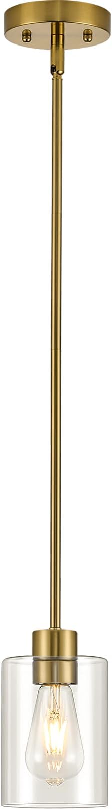Modern Farmhouse Brass Gold Pendant Lights, Mini Hanging Light Fixture with Clear Glass Shade, Adjustable Rods for Kitchen Island, Sink, Bar (1 Pack)