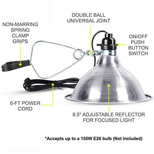 Simple Deluxe Clamp Lamp Light with 8.5 Inch Adjustable Aluminum Reflector and 6 Feet Cord, up to 150W E26 Socket (no Bulb Included), Silver and Black