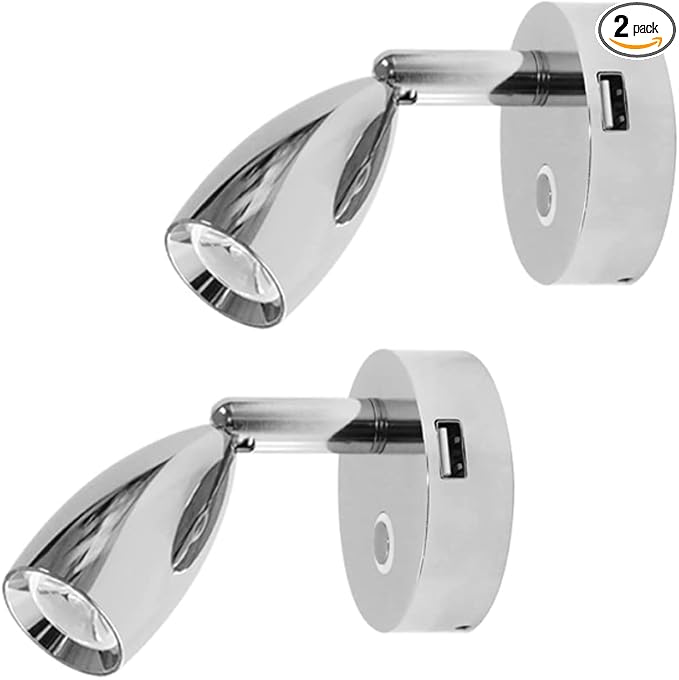 THALASSA 12V RV Spotlight USB Reading Light - Dimmable Touch Switch with Blue Circle Night Light, Polished Chrome, Surface Mounted on Trailer Caravan Boat Interior as Bedside Light Book Lamp, 2 Pack