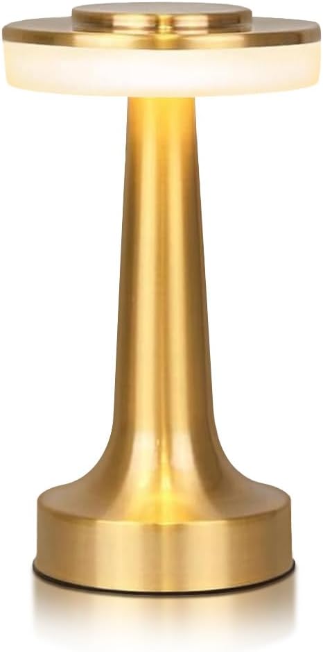 JHPGEOE Cordless Metal Desk Lamp, Touch Sensor Control LED Table Lamp,3 Color Stepless Dimmable Battery Powered Lamp for Living Room, Dorm, Home Office (Gold)