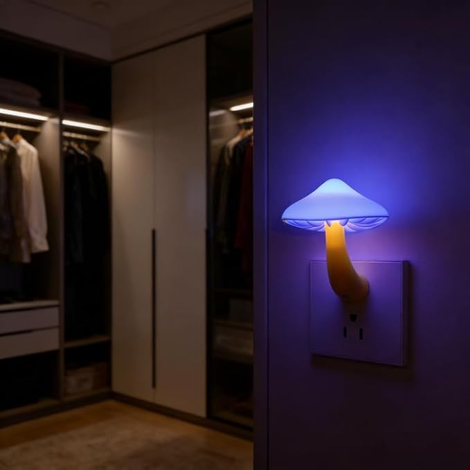 LED Mushroom Night Light Plug in Lamp, Blue Night Lights Plug into Wall, Dusk to Dawn Sensor NightLight for Adults Kids Room Bedroom Bathroom Hallway Kitchen
