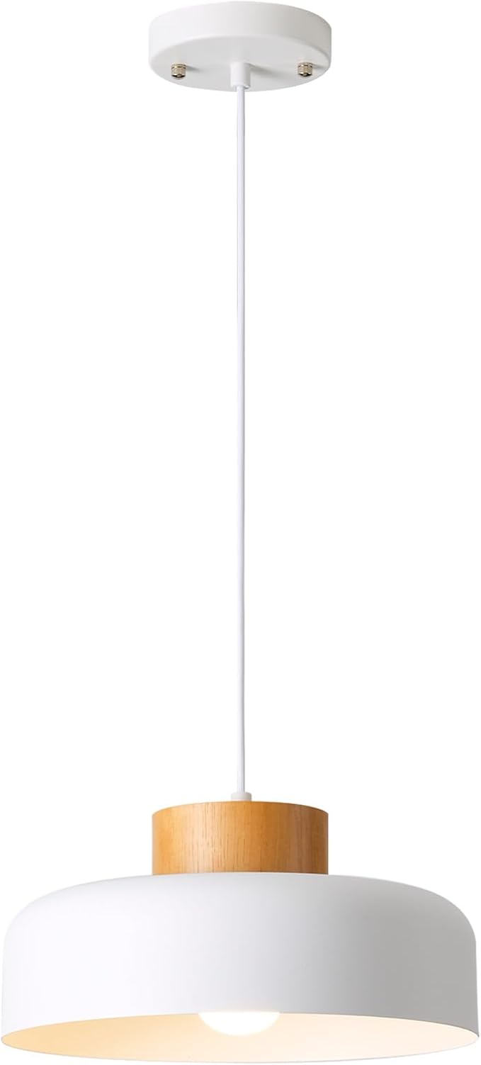 Modern Pendant Light,12.6 inch,Real Wood Cap,Small Pendant Lighting for Kitchen Island,Dining Room,Matte White