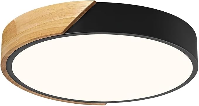 Modern LED Ceiling Light, Minimalist Wood Dimmable Flush Mount Ceiling Light Fixture, Round 5CCT Lighting Lamp with Acrylic Lampshade for Bedroom Hallway Laundry, Black 11.8"