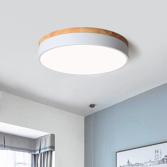 Yiisem Dimmable Wood LED Flush Mount Ceiling Light, White, 11.8 in | 5CCT 2700K-6000K Modern Close to Ceiling Lighting Fixtures, Round Ceiling Lamp for Bedroom, Kitchen, Hallway, Laundry Room