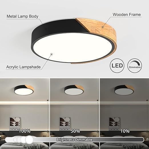 Modern LED Ceiling Light, Minimalist Wood Dimmable Flush Mount Ceiling Light Fixture, Round 5CCT Lighting Lamp with Acrylic Lampshade for Bedroom Hallway Laundry, Black 11.8"