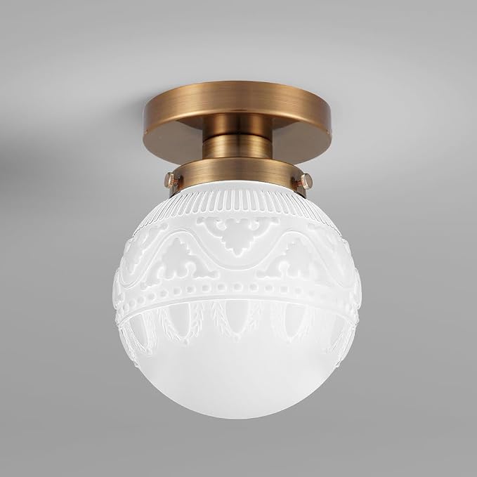 Daunton Semi Flush Mount Ceiling Light, Modern Globe Milk Glass Ceiling Light Fixture, Vintage Small Brass Gold Hallway Light Fixtures for Kitchen, Entryway, Bathroom, Clos