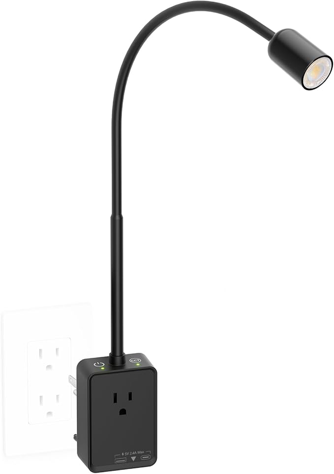 Plug in LED Wall Mounted Reading Light, Black Flexible Wall Sconce Spot Light with Power Plug Extension Outlet for Bedroom Kitchen, 3 Lighting Colors, with USB Output Charging Ports