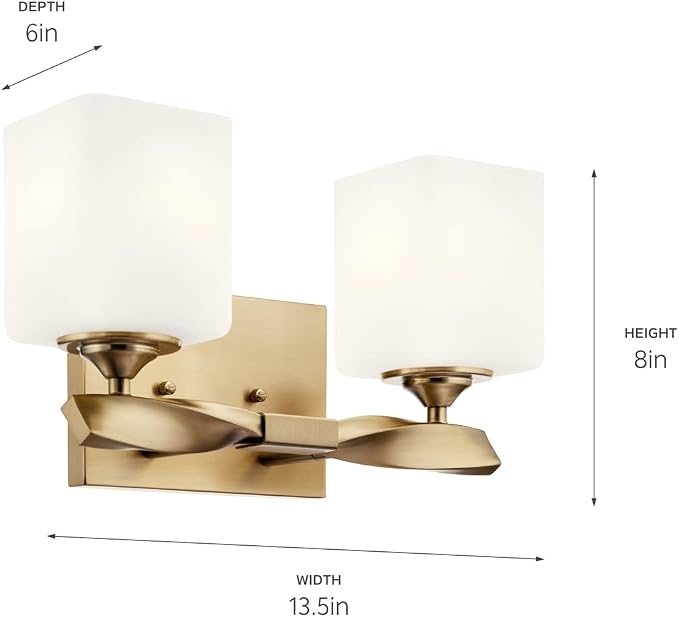 Kichler Marette 13.5 inch 2 Light Vanity Light with Satin Etched Cased Opal Glass in a Rich Champagne Bronze, for Bathroom and Powder Rooms, (13.5" W x 8" H), 55001CPZ
