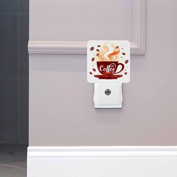 Coffee Night Light Watercolor Coffee Cup with Smoke LED Night Lights Plug into Wall for Stairway Hallway Bedroom 0.5W Nightlight