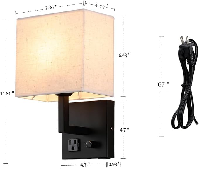 Plug in Wall Sconce, Bedside Wall lamp with Plug and dimmable Switch, with USB Charging Port and Socket, Suitable for Hotel, Corridor, Living Room and Bedroom Wall Light (Black)