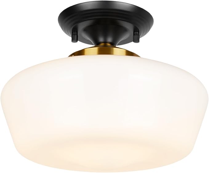 Schoolhouse Style Semi Flush Mount Ceiling Light Fixture, 12" Modern Black and Gold Ceiling Lamp with Opal Milk Glass Shade, Matte Black & Brass Farmhouse Globe Light for Bedroom Hallway Entryway