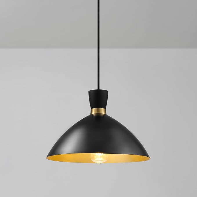 Globe Electric 1-Light Plug-in Pendant Light, Matte Black Shade with Brass Interior, in-Line Switch, Modern Kitchen Island or Living Room Lighting