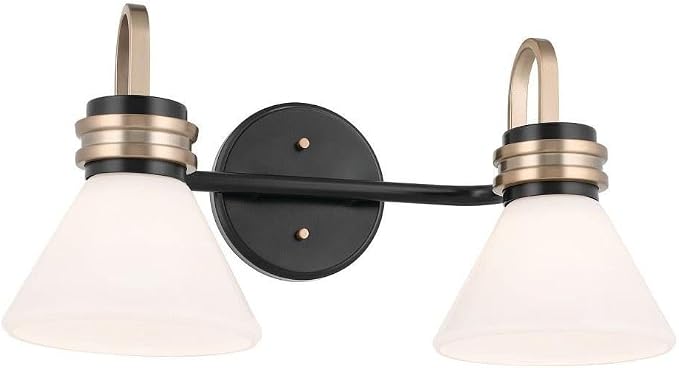 Kichler Farum 2-Light Bathroom Vanity Light, Black | Damp-rated vanity light with opal glass and champagne bronze accents (19.25" x 9.5"), 55154BK