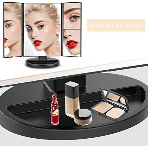 Infitrans Trifold Makeup Mirror Vanity Mirror with Lights,1X 2X 3X Magnification,Touch Control,Adjustable Rotation,Dual Power Supply,Portable Travel Cosmetic Mirror,Birthday Gifts for Women,Teengirls