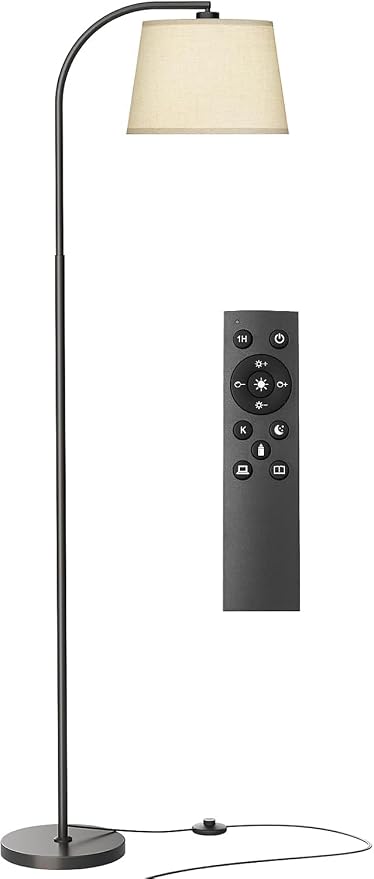 Karjoefar 64" 3 Color Dimmable Black Arc Floor Standing Lamp with Remote | Adjustable & 350°H/180°V Rotatable Linen Shade, Stepless Dimmable Lighting, 9W Bulb Included, Ideal for Bedroom & Office