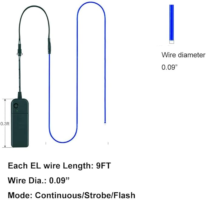 MaxLax EL Wire Blue 5-Pack, 9ft/2.75m Neon Light Wire with Noise Reduction and Battery Pack…