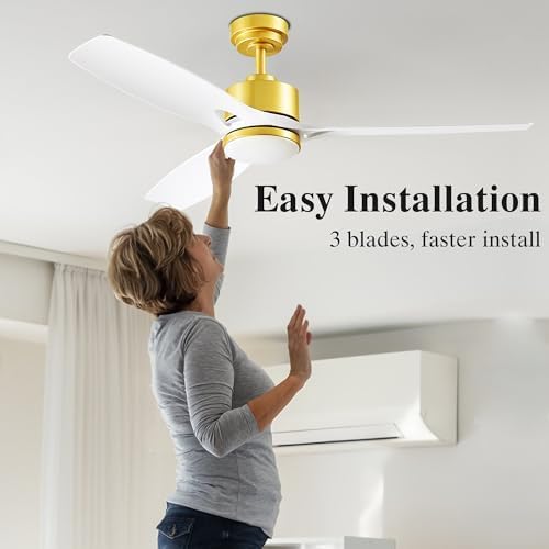 52 Inch Ceiling Fans with Lights and Remote Control - Outdoor Indoor Flush Mount Low Profile White Gold Ceiling Fans for Living Room,Bedroom,Patio
