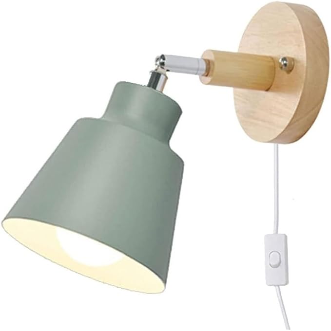 Nordic Minimalist Rotation Wall Lamp Wood Metal Plug in Wall Sconces W/Switch Wall Mounted Lighting Fixture for Kids Bedroom Bedside Reading Living Room Corridor Hotel (Color : Green, Size : 12cm*1