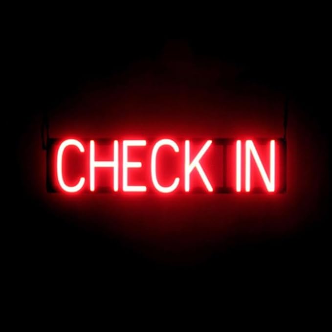 LED Neon CHECK IN Sign for Business - Red, 27" x 6" | Ultra-Bright Click-Together Signage for Hotels & Motels, with Visibility from 500 ft - 8 Animations, 6 Brightness Options