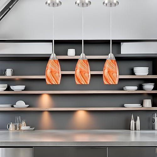 Viinew Mini Glass Pendant Light,3-Pack Orange Marble Glass Hanging Light | 4.72" with Handblown Glass Oval Chadelier,Glass Ceiling Pendant Light for Dining Room Kitchen Island Cafe Foyer