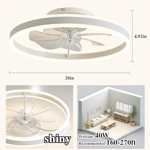 Ceiling Fans with Lights and Remote Fandelier 20''- Low Profile Modern - Flush Mount Ceiling Fans for Bedroom,Stepless Color Temperature and 6 Speeds - White