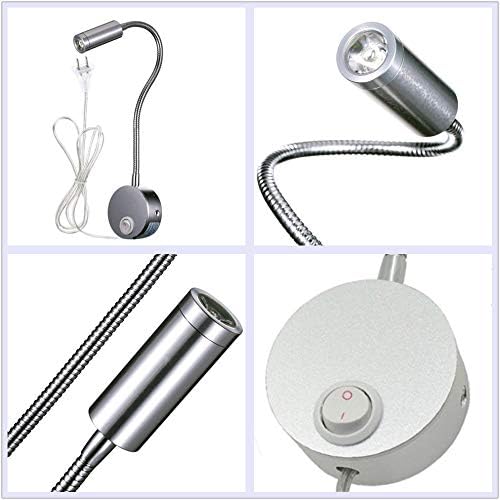 3W Wall Mounted Reading Light Flexible Gooseneck LED Sconce Lamp with Plug & Switch for Bedroom, Office, Workbench, Studio (01 Silver Warm)