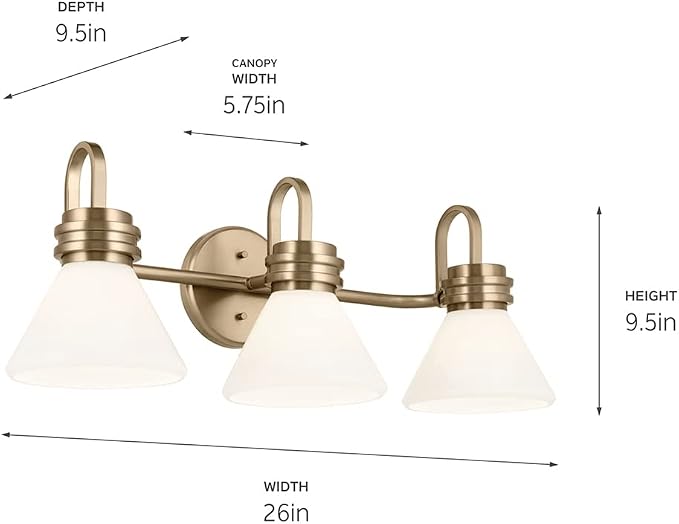 Kichler Farum 3-Light Bathroom Vanity Light, Champagne Bronze | Modern vanity light with opal glass for bathroom mirrors (26" x 9.5"), 55155CPZ