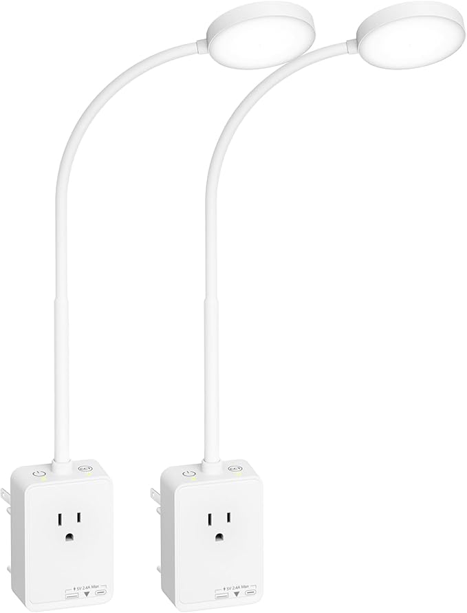 Plug in LED Book Reading Lights, 2 Pack LED Wall Sconces Lights with Power Plug Outlet Extender for Reading Working in Bedroom Kitchen, 3 Color Temperature, USB Output Charging Ports