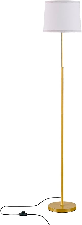 60" Modern Floor Lamp for Living Room Bedroom, Standing Lamp with White Linen Lampshade, Tall Lamp with A19 9W 3 Color Temperature Bulb, Foot Switch Control, Gold
