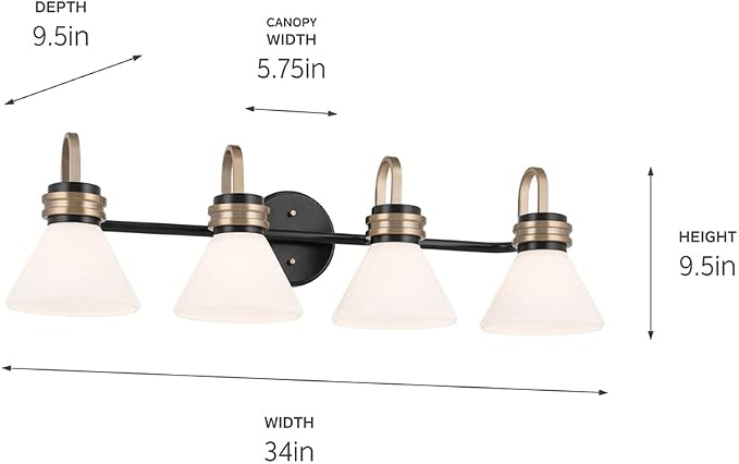 Kichler Farum 4-Light Bathroom Vanity Light, Black | Modern vanity light with opal glass for single or double bathroom mirrors (34" x 9.5"), 55156BK