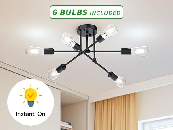 Modern Sputnik Chandelier Ceiling Light Fixtures, 6-Lights 22” Mid Century Industrial Metal Semi Flush Mount for Dining Room, Bedroom, Living Room, 6 T64 Bulbs