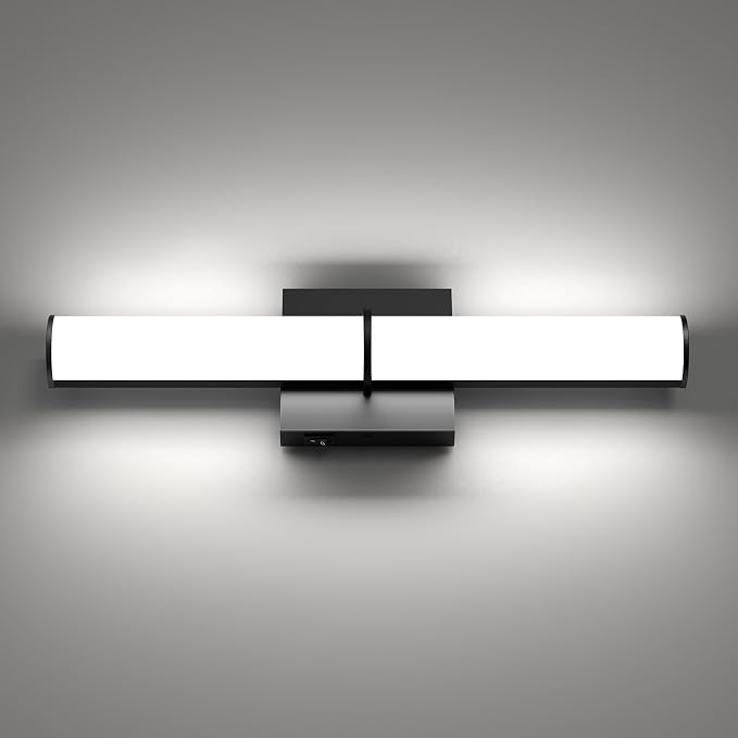 17.3Inch Modern Black Vanity Light Fixture with Switch, 12W 5000K Led Bathroom Light Fixture Over Mirror, Hardwired Wall Light, 1200LM Vanity Light Bar for Mirror Bedroom Hallway Living Room