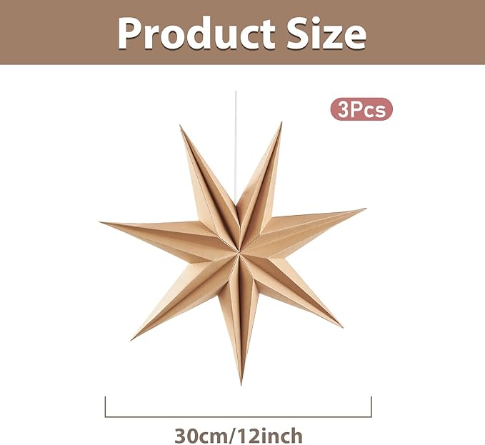 SUNBEAUTY 3 Pcs 7-Pointed Natural Paper Star Lanterns 12 Inch Christmas Hanging Lamp Rustic Paper Decorations Shade Wedding Birthday Christmas Home Party Decorations