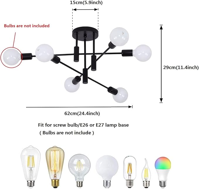 Garwarm Black Sputnik Ceiling Light Fixture, 6-Lights Semi Flush Mount Ceiling Light, Modern Kitchen Chandelier for Dining Room Bedroom Entryway Hallway