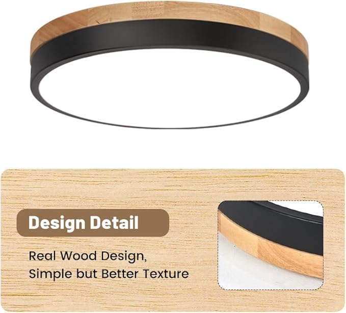11.8 inch Wood Led Flush Mount Ceiling Light, Dimmable, 5CCT 3000K-6000K Selectable, 36W, 3600LM, Round Modern White Light Fixture Ceiling Mount for Bedroom, Laundry Room,Kitchen, Hallway, Black