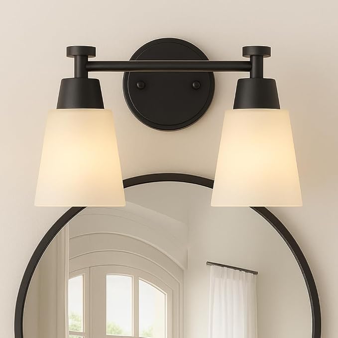 Bathroom Vanity Light, 2 Light Modern Matte Black Stainless Steel Over Mirror Vanity Light Fixture with Frosted Glass, Wall Sconces Lighting for Bedroom Living Room