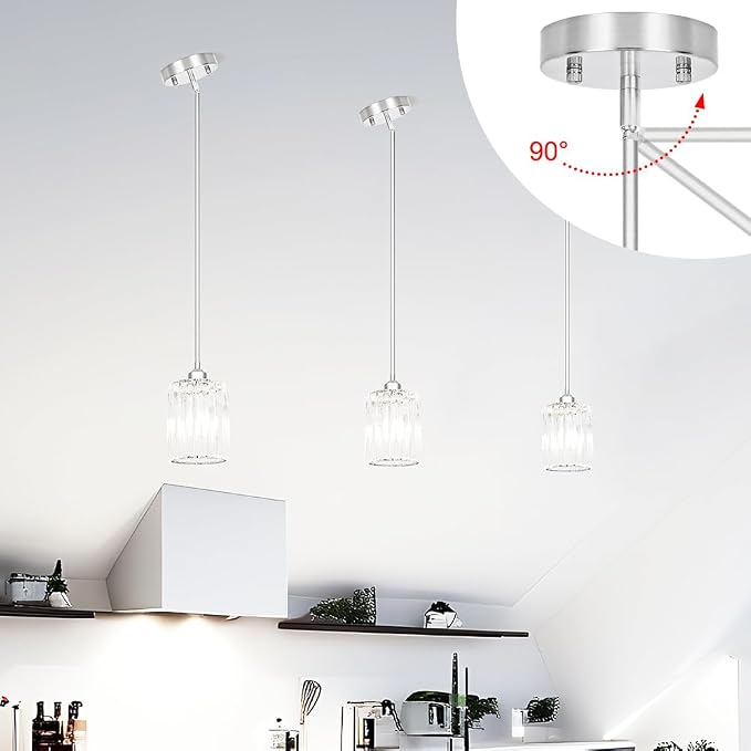 Lxybcce Chrome Kitchen Pendant Lights Over Island with Adjustable Rods - Crystal Pendant Lighting Fixtures 3 Pack, Ideal Over Dining Table or Bar, E26 Bulb Compatible, No Electrician Needed