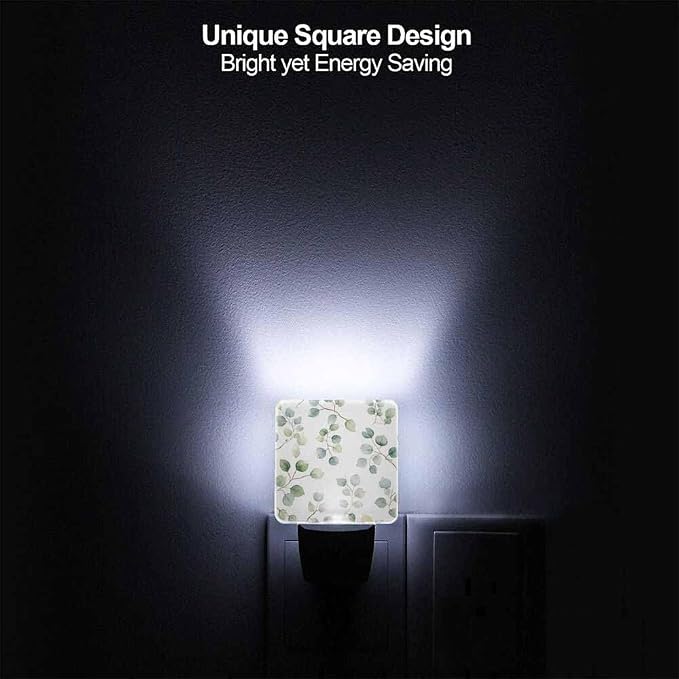 Green Leaves Night Light Plug-into Wall Eucalyptus Round Leaved Branches Nightlight Lamp with Dusk to Dawn Sensor, Led Lamp 0.5W Energy Efficient for Home Decor