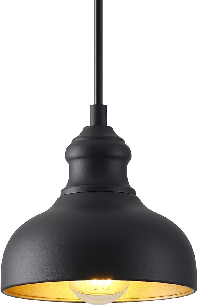 7in Dome Outdoor Pendant Barn Light Black and Brass Kitchen Island Hanging Light Fixture Exterior Small Porch Pendant Lamp Farmhouse Bedroom Hanging Lamp for Bathroom Shop Cafe, Adjustable