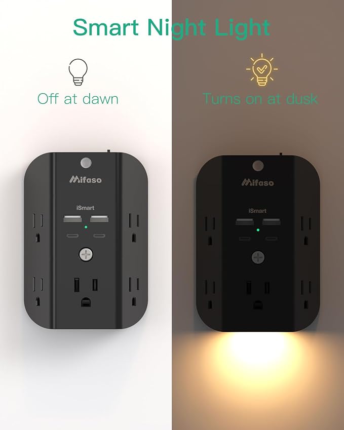 Surge Protector Outlet Extender with Night Light, 5-Outlet Splitter and 4 USB Ports (2 USB C Charger), Multi Plug Wall Outlet for Home, Dorm Room Essentials