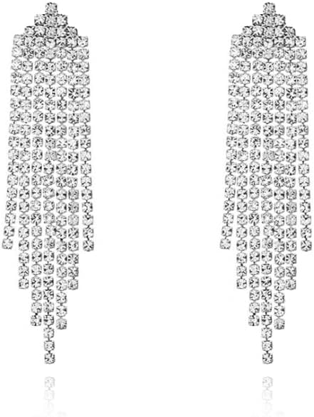 Luxval Rhinestone Earrings Dangling for Women Sparkly Silver Dangle Earrings Girls Long Chandelier Earrings Tassel Lightweight Ear Studs Cubic Zirconia Crystal Statement