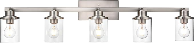 Yaohong 5-Light Brushed Nickel Track Lighting Fixture for Ceiling Mounting Bathroom Vanity Wall Scones with Rotatable Spotlight, Kitchen Track Lighting Fixture with Glass Shade for a Shop Hallway