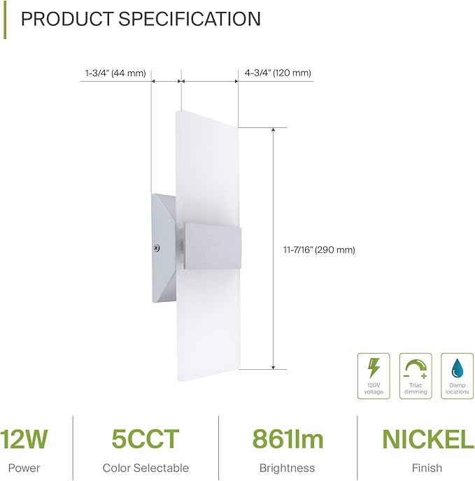 ASD 12 Inch Indoor LED Wall Sconce - 12W 2700K-5000K Dimmable Brushed Nickel Wall Sconce Lights for Living Room, Bedroom, Bathroom, Hallway - Modern Wall Sconces Hardwired, UL Interior Light, Set of 2