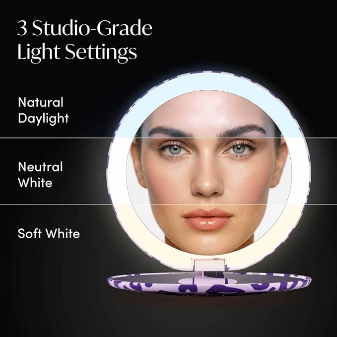 Fancii Taylor LED Lighted Travel Makeup Mirror, Rechargeable, 10x /1x Magnifying, Tru-Glow Lighting System, XL Large 5” Wide | Compact Mirror for Purses (Cheetah Crush)