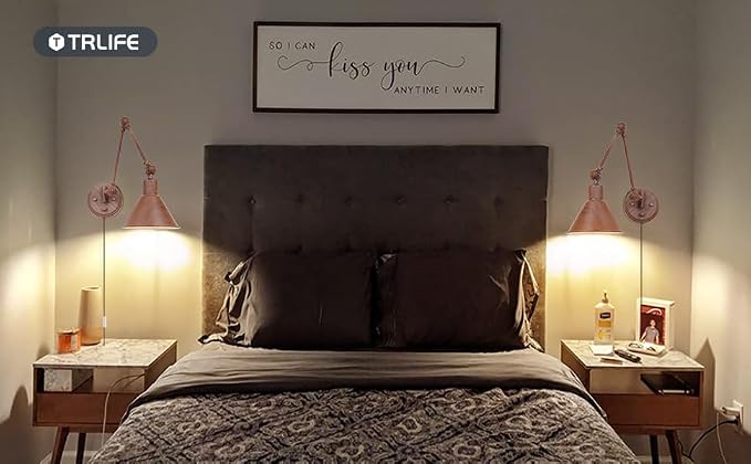 TRLIFE Plug in Wall Sconces, Dimmable Wall Sconces Set of 2 Plug in Swing Arm Wall Lights, Adjustable Wall Mounted Light Wall Lights with 6FT Plug in Cord, E26 Base(Two Arms, Walnut Color)