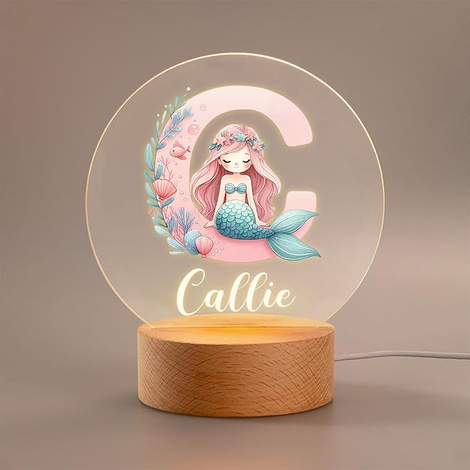 Personalized Mermaid Girl Night Light, Custom Name Acrylic LED Light 37 Patterns Option Nursery Decoration